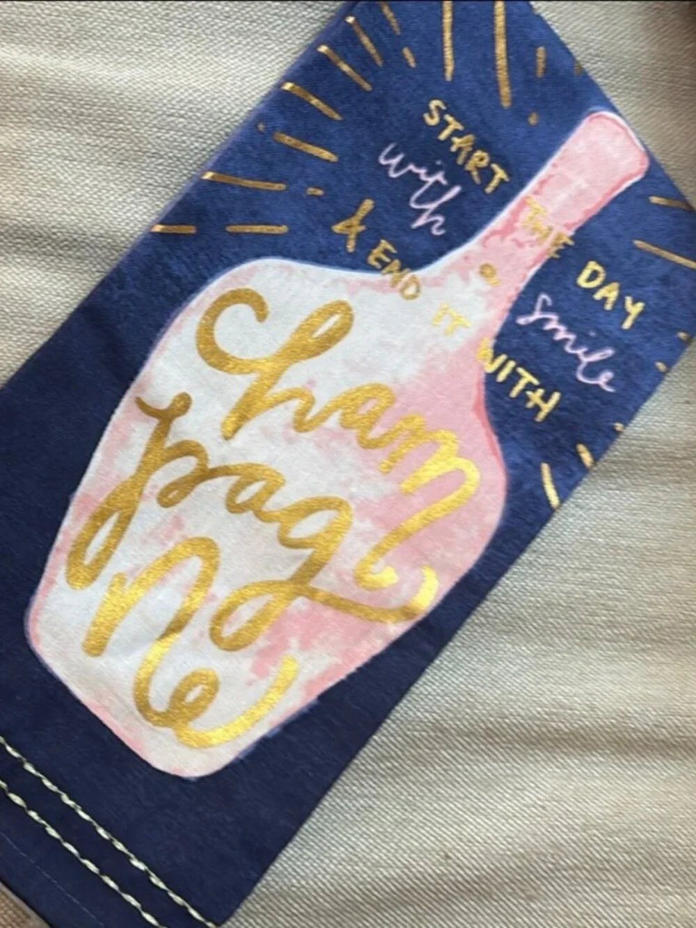 Anthropologie NWOT Champagne Tea Towel, Blue/Pink/Gold